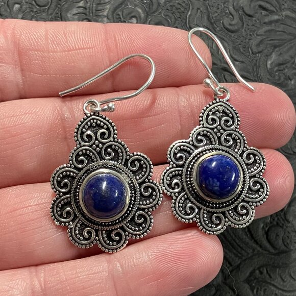 Ornate Lapis Lazuli Stone Crystal Jewelry Earrings - Picture 1 of 5